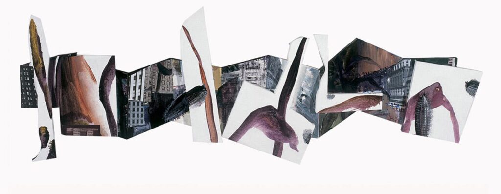 ESQUINAS CON CIPRESES2004. 44 x 139 cm (Mixta/acrílico y collage sobre madera)